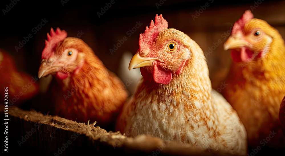 Fototapeta premium Close Up of Chickens in a Coop With Warm Lighting, Symbolizing Animal Welfare and Sustainable Farming Practices