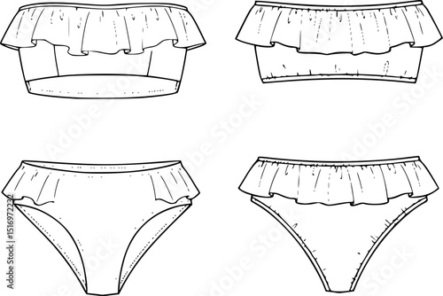 womens ruffle trim bandeau bikini set strapless tube top two piece swim suit flat sketch vector illustration technical cad drawing template
