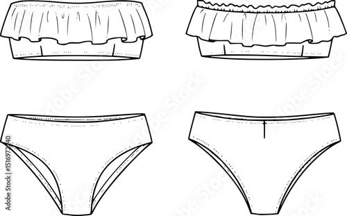 womens ruffle trim bandeau bikini set strapless tube top two piece swim suit flat sketch vector illustration technical cad drawing template
