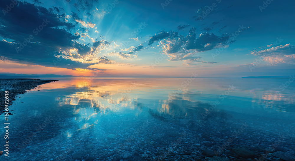 Fototapeta premium Calm Lake Reflecting Sunset With Sun Rays, Showcasing Serenity and Tranquility for Wellness Retreats