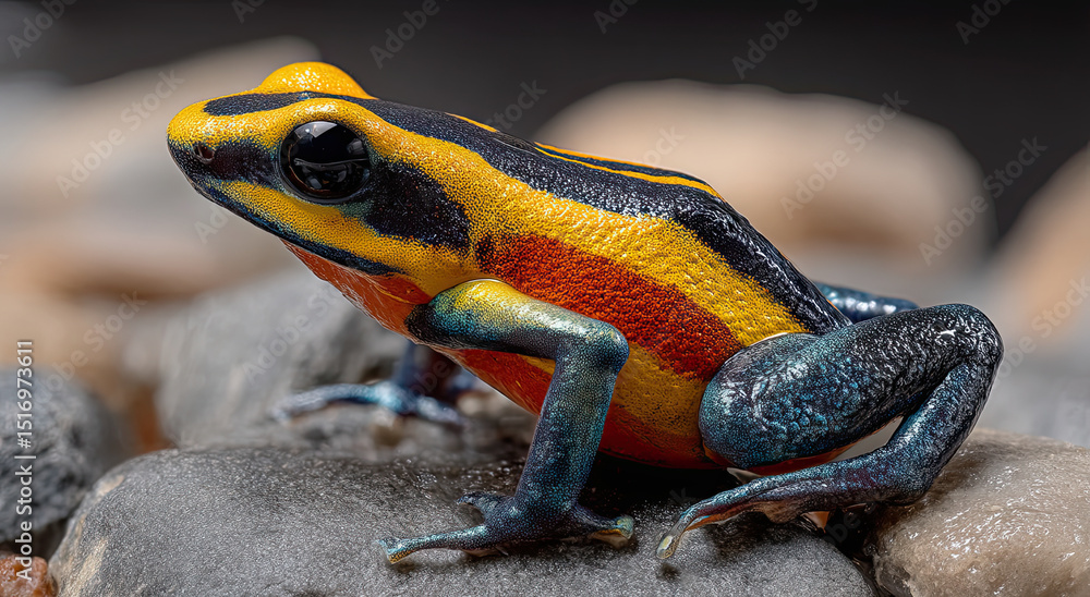 Obraz premium Vibrant Poison Dart Frog on Rocks, Illustrating Wildlife Conservation and Biodiversity Awareness, Perfect for Educational Materials and Environmental Campaigns