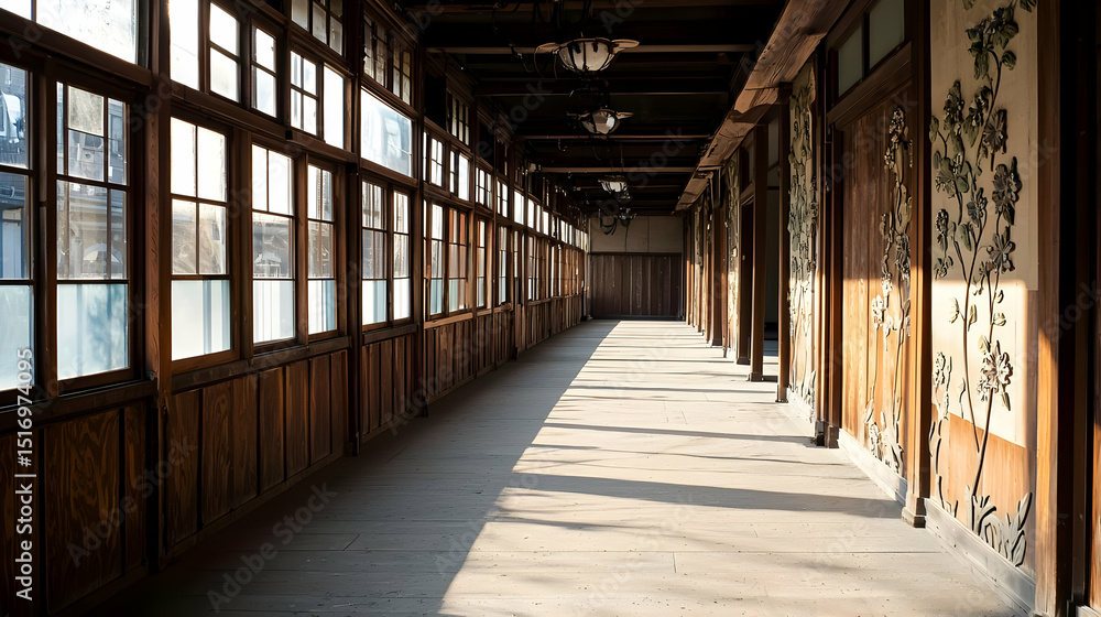 Fototapeta premium Empty Wooden Hallway With Sunlight And Old Windows