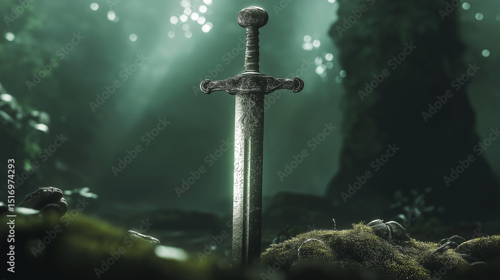 Naklejka premium A silver sword centered on a abandoned place, symbolizing strength and clarity. 