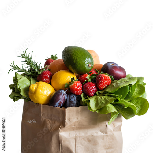 Overflowing paper bag of healthy groceries fresh fruits and greens ready on transparent background