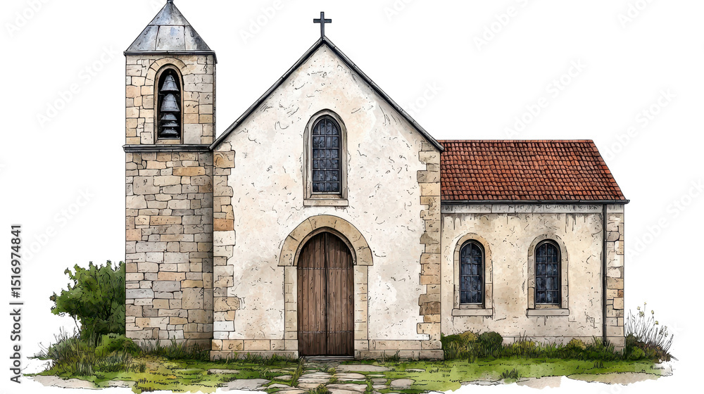 Obraz premium Rustic Stone Church Watercolor Illustration with Terracotta Roof