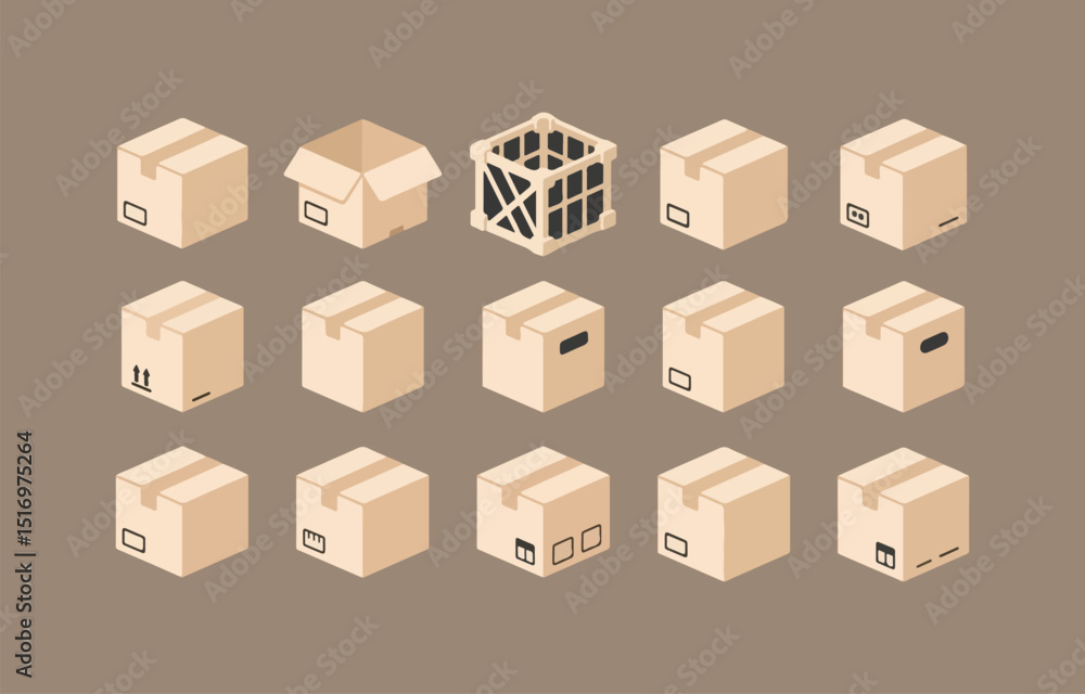 Obraz premium Various Cardboard Boxes and Crates in Isometric View