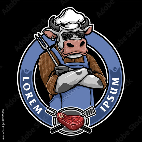 chef cow with barbeque badge vector illustration