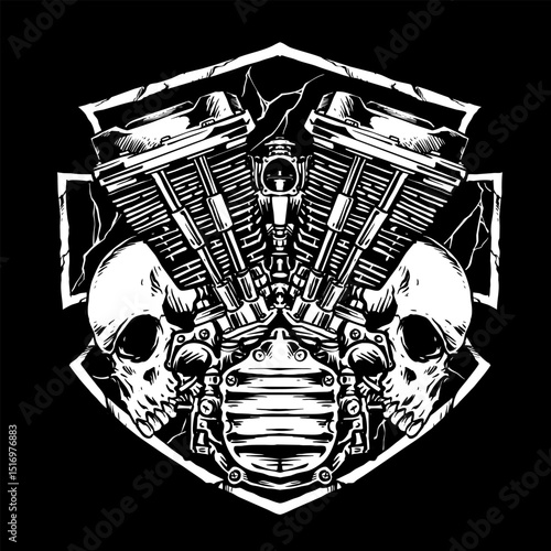 engine with skulls motorcycle vector badge