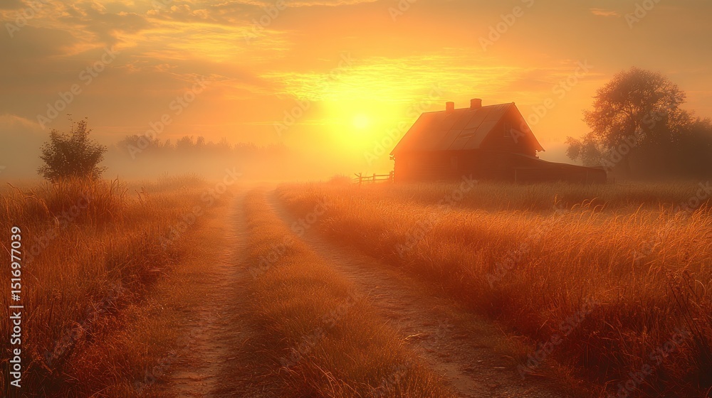 Fototapeta premium Sunrise over a country road. Golden light bathes a rustic house, hazy mist fills the field