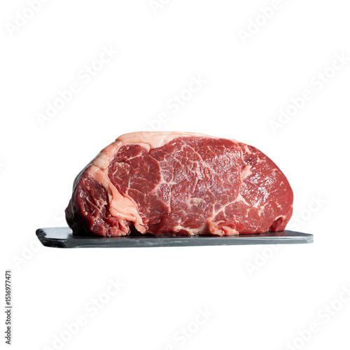 Canvas-taulu Succulent raw ribeye steak glistening poised for a gourmet feast on transparent