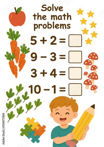 Cute math worksheet with simple addition and subtraction problems for kids, featuring colorful illustrations of fruits, vegetables, stars, and a smiling boy with a pencil.
