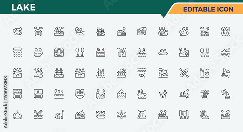 Lake icon set. Collection of simple line web icons. Landscape icon collection. Contain linear sign river, nature, sea, mountain, park, plant and more.