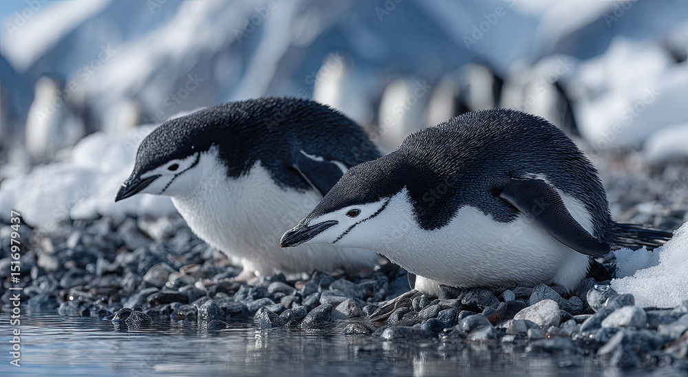 Naklejka premium Two Chinstrap Penguins Standing on Rocky Shoreline in Antarctica, Showcasing Wildlife Conservation and Environmental Awareness
