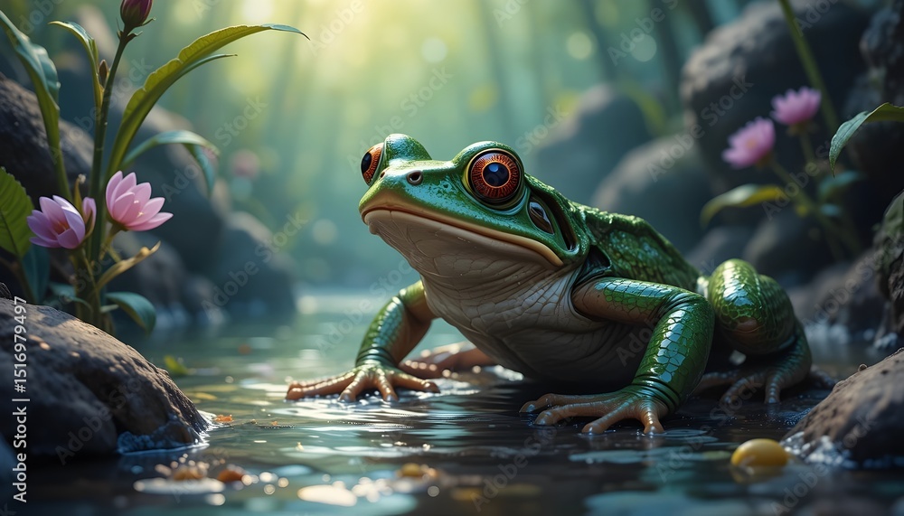 Close-up of vivid green frog with bright orange eyes sitting in enchanted forest creek with soft lighting
Close-up of vivid green frog with bright orange eyes sitting in enchanted forest creek with soft lighting