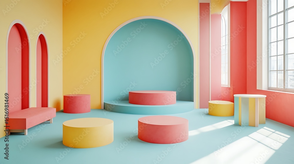 Colorful room with various podiums Colorful room with various podiums