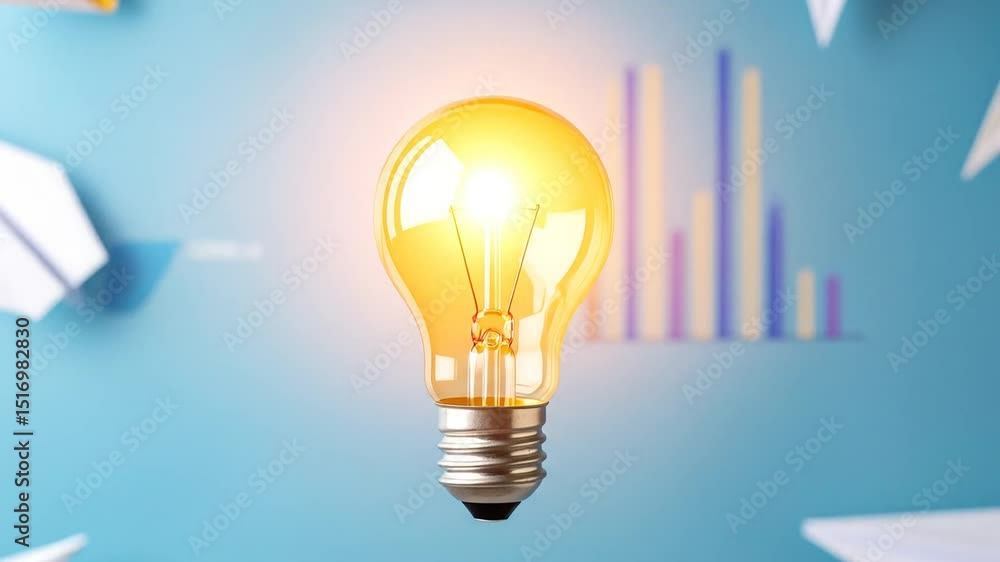 Illuminated lightbulb on a light teal background with out of focus paper airplanes and bar graphs Illuminated lightbulb on a light teal background with out of focus paper airplanes and bar graphs