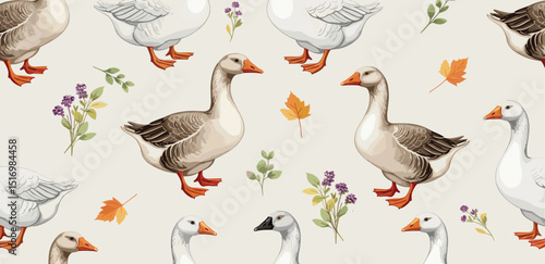 watercolor seamless pattern with geese, flowers, leaves. Nature background for fabric, wrapping, textile, art wallpaper