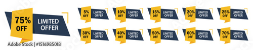 A set of bold blue and yellow "limited offer" tags set with percentage discounts from 5% to 75% off, ideal for sales and promotions.