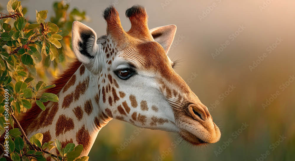 Obraz premium Elegant Giraffe Portrait Amidst Green Foliage at Golden Hour, Symbolizing Wildlife Conservation and Nature's Beauty for Environmental Awareness Campaigns