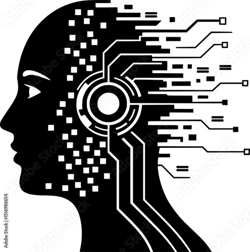 a bold black silhouette of a human face morphing into a machine with pixels and cybernetic lines