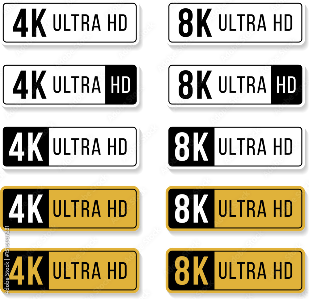 Modern 4K and 8K Ultra HD resolution labels in black, white, and gold styles for digital display quality, streaming media, video technology and television branding Modern 4K and 8K Ultra HD resolution labels in black, white, and gold styles for digital display quality, streaming media, video technology and television branding