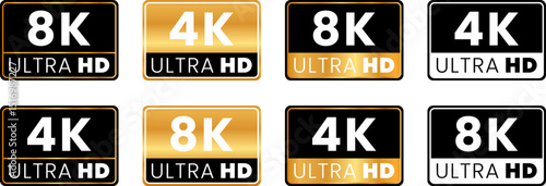 Stylized 4K and 8K Ultra HD resolution icons in gold and black for premium digital video quality, modern display badges, and high-definition streaming media visuals

