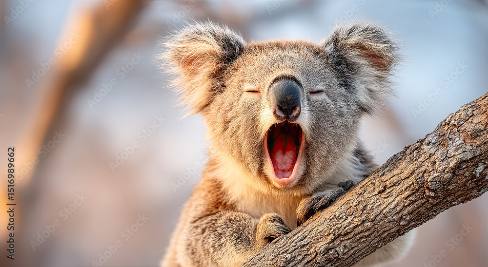 Fototapeta premium Yawning Koala Bear on Branch in Golden Light, Symbolizing Relaxation and Wildlife Conservation Efforts
