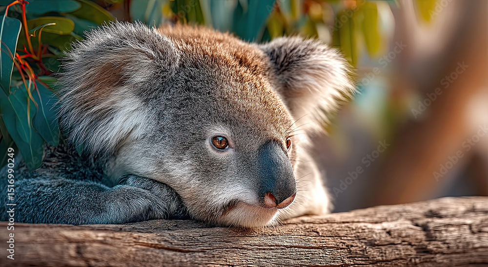Fototapeta premium Koala Resting on a Branch in Natural Habitat, Symbolizing Conservation and Wildlife Preservation Efforts, Perfect for Educational Materials and Eco-Tourism Campaigns