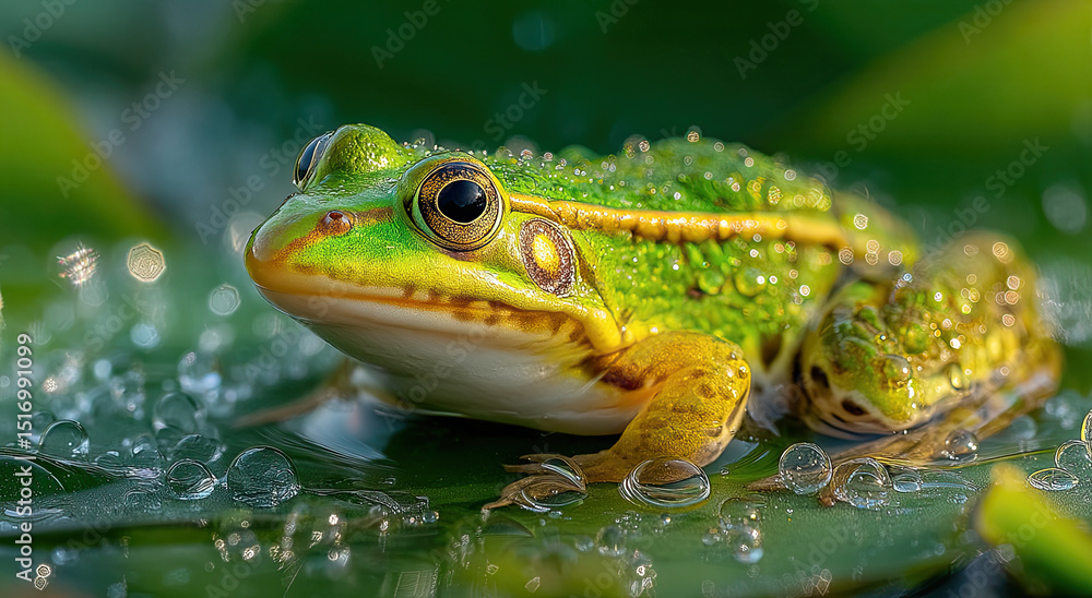 Green Frog Sitting on a Lily Pad Covered in Water Droplets, Symbolizing Environmental Awareness and Natural Beauty for Conservation Projects Green Frog Sitting on a Lily Pad Covered in Water Droplets, Symbolizing Environmental Awareness and Natural Beauty for Conservation Projects