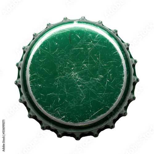 Used green metal bottle cap with scratches, top view, on a transparent background