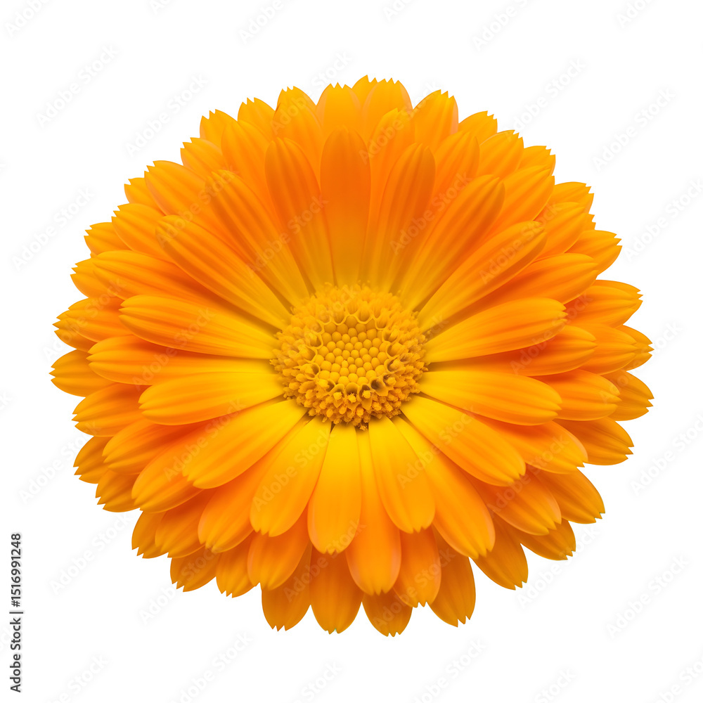 Bright orange calendula flower, top view, on a transparent background Bright orange calendula flower, top view, on a transparent background