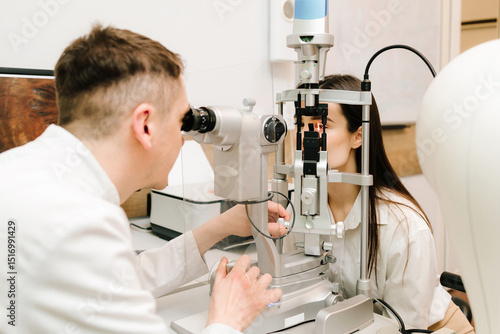 Valokuva Slit lamp eye and cornea diagnostic at visiting ophthalmology clinic