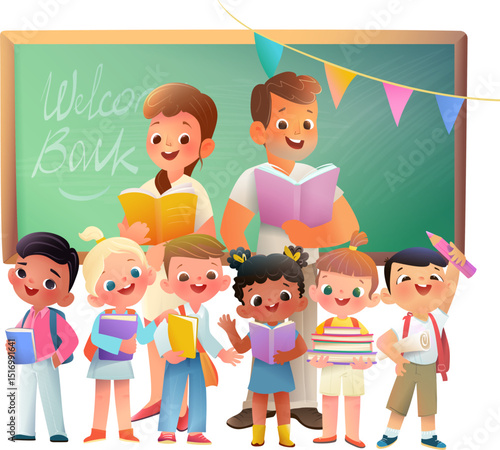 Group of Happy Diverse primary school kids Students and Teachers with Chalkboard. Back to school schoolchildren characters for elementary school. Vector isolated clipart for children education.