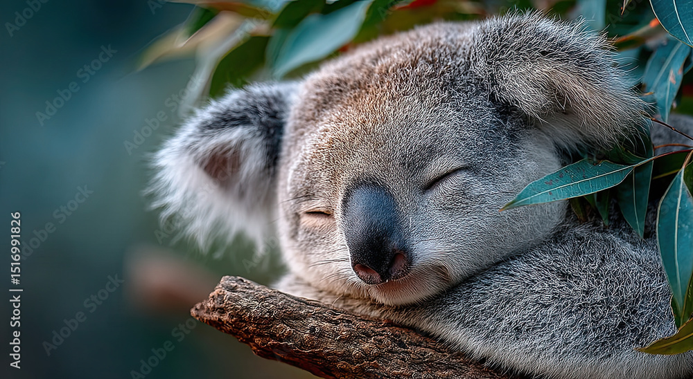 Obraz premium Sleeping Koala on Branch Surrounded by Eucalyptus Leaves, Representing Conservation and Wildlife Preservation Efforts