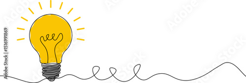 Creative bright idea concept with yellow light bulb in continuous line art style isolated on white background representing innovation inspiration imagination and energy