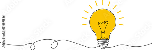 Creative bright idea concept with yellow light bulb in continuous line art style isolated on white background representing innovation inspiration imagination and energy