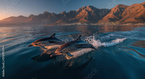 Two Dolphins Leaping From Ocean at Sunset, Showcasing Marine Conservation and Ecotourism, With Mountains in the Distance