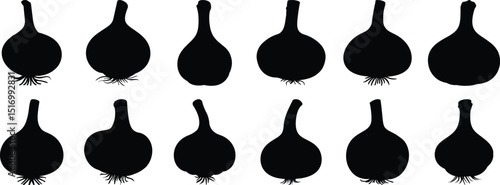 Garlic silhouettes set, food pack of vector silhouette design, isolated background