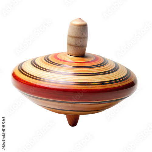 Handcrafted Wooden Spinning Top Intricate Design and Warm Tones isolated on transparent baackground