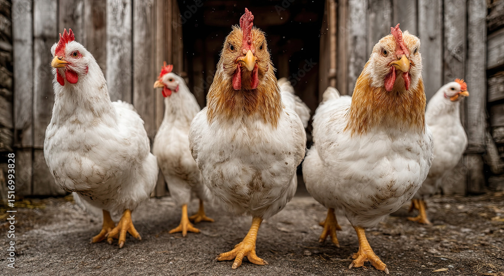 Fototapeta premium Group of White Chickens Standing Near Barn Door, Depicting Farm Freshness and Sustainable Agriculture