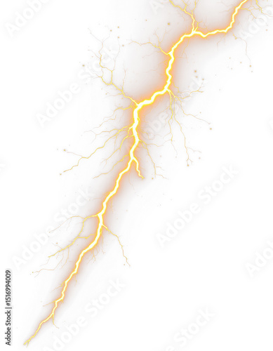 Yellow lightning discharge isolated on transparent background in PNG format shows intense electric energy and glowing streaks