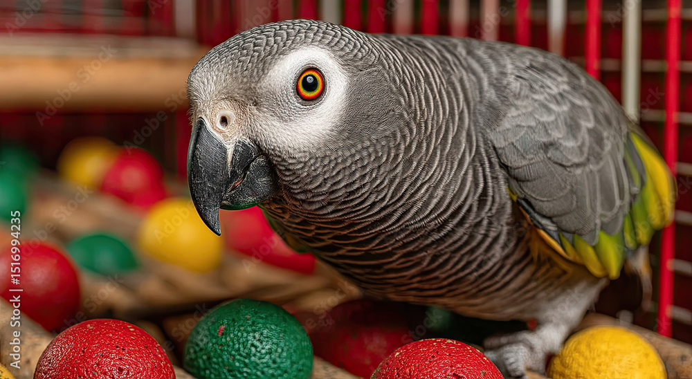 Fototapeta premium African Grey Parrot Close-Up With Colorful Balls, Showcasing Exotic Pets and Avian Conservation, Ideal for Educational Materials