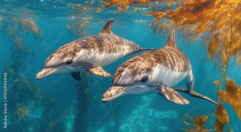 Fototapeta premium Two Dolphins Swimming Underwater Through Kelp Forest, Representing Marine Conservation and Ocean Exploration for Travel and Tourism