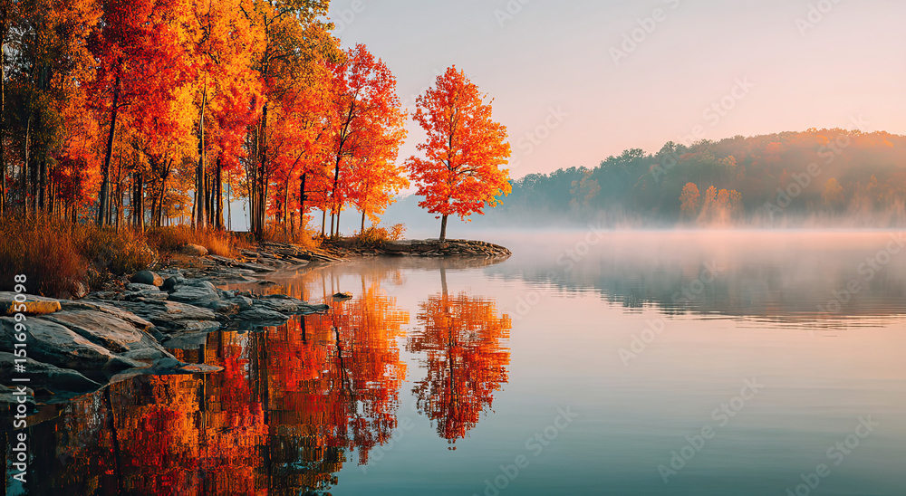 Obraz premium Autumn Trees With Orange Leaves Reflecting in Misty Lake at Sunrise, Representing Serenity and Environmental Conservation