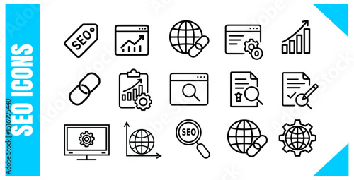 SEO Line Icons Set Web, Analytics, Optimization, Link Building