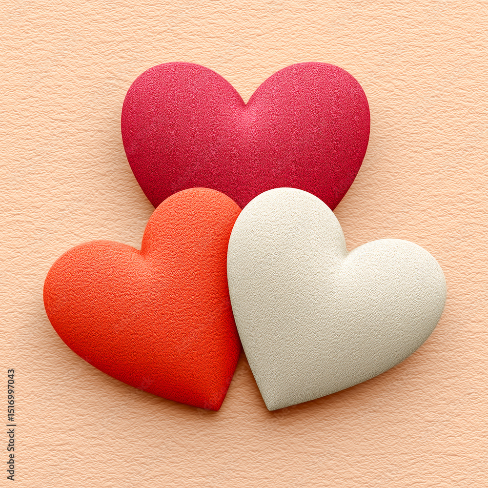 Fototapeta premium Three textured heart shapes in red, orange and white on a soft peach background, symbolizing love.