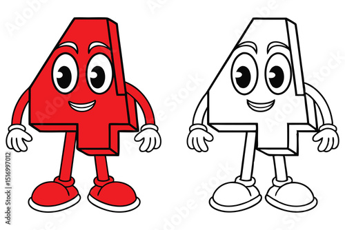 A cheerful cartoon number four stands proudly in color and grayscale