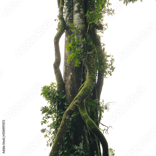 Ancient mossy tree trunk embraced by winding vines symbolizing nature s on transparent background