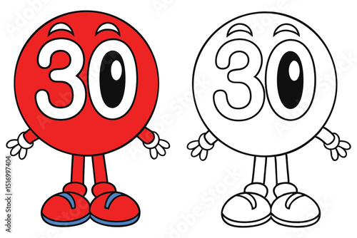 Animated Number Thirty Mascot in Color and Black and White Outlines