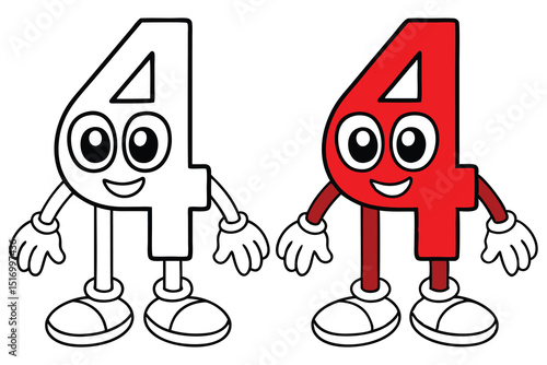 Adorable Cartoon Number Four Characters, One Outlined, One Red and Cheerful